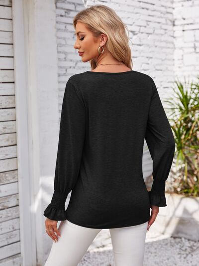 V-Neck Smocked Ruffled Long Sleeve Top