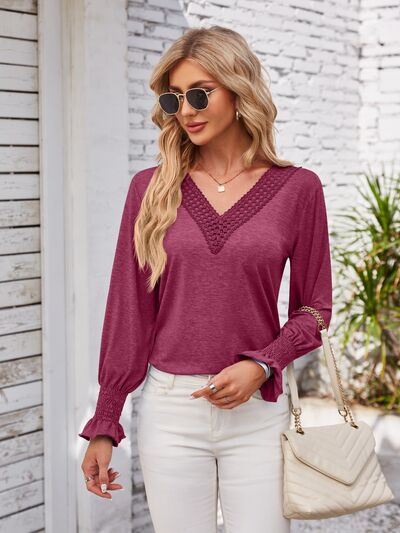 V-Neck Smocked Ruffled Long Sleeve Top