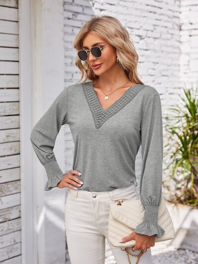 V-Neck Smocked Ruffled Long Sleeve Top